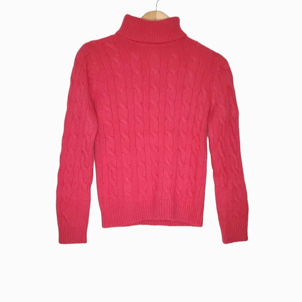 Watermelon Pink Chunky Cable Knit Angora Turtleneck Sweater